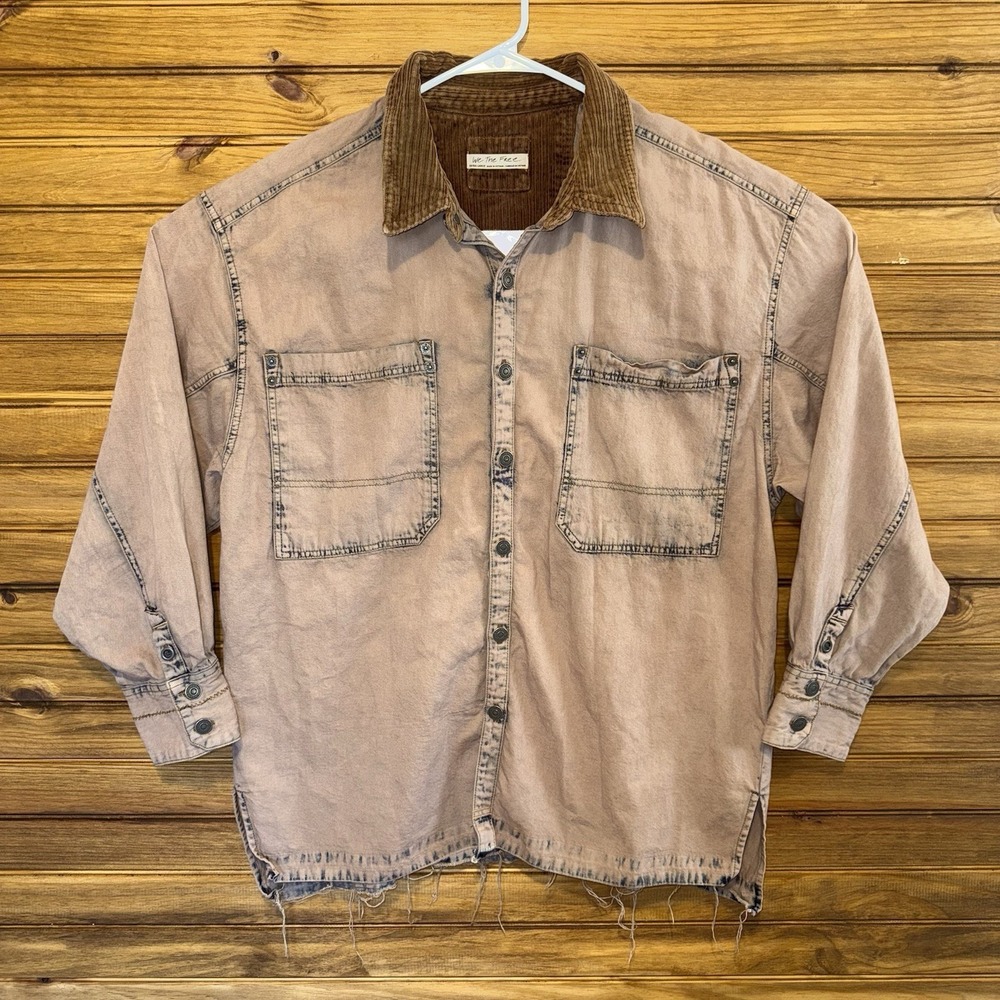 We The Free Highland Hiker Oversized Distressed Denim Shirt Size Large Brown